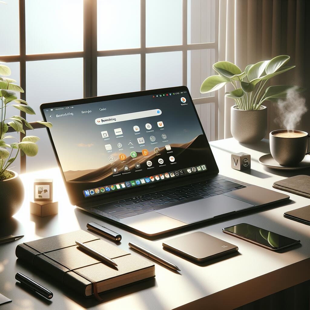 A clean and organized workspace with a laptop displaying a bookmarking app, symbolizing a clutter-free digital life.