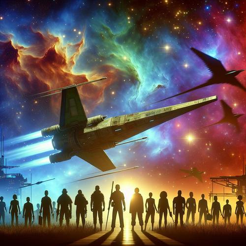 An iconic Star Wars spaceship flying through a colorful nebula with silhouettes of beloved characters symbolizing the strong return of the franchise.
