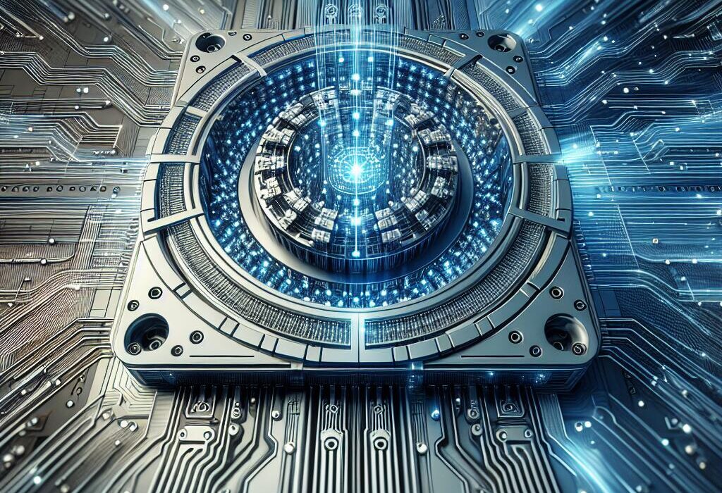 Futuristic quantum computer with glowing qubits and digital data streams symbolizing revolution and speed in technology