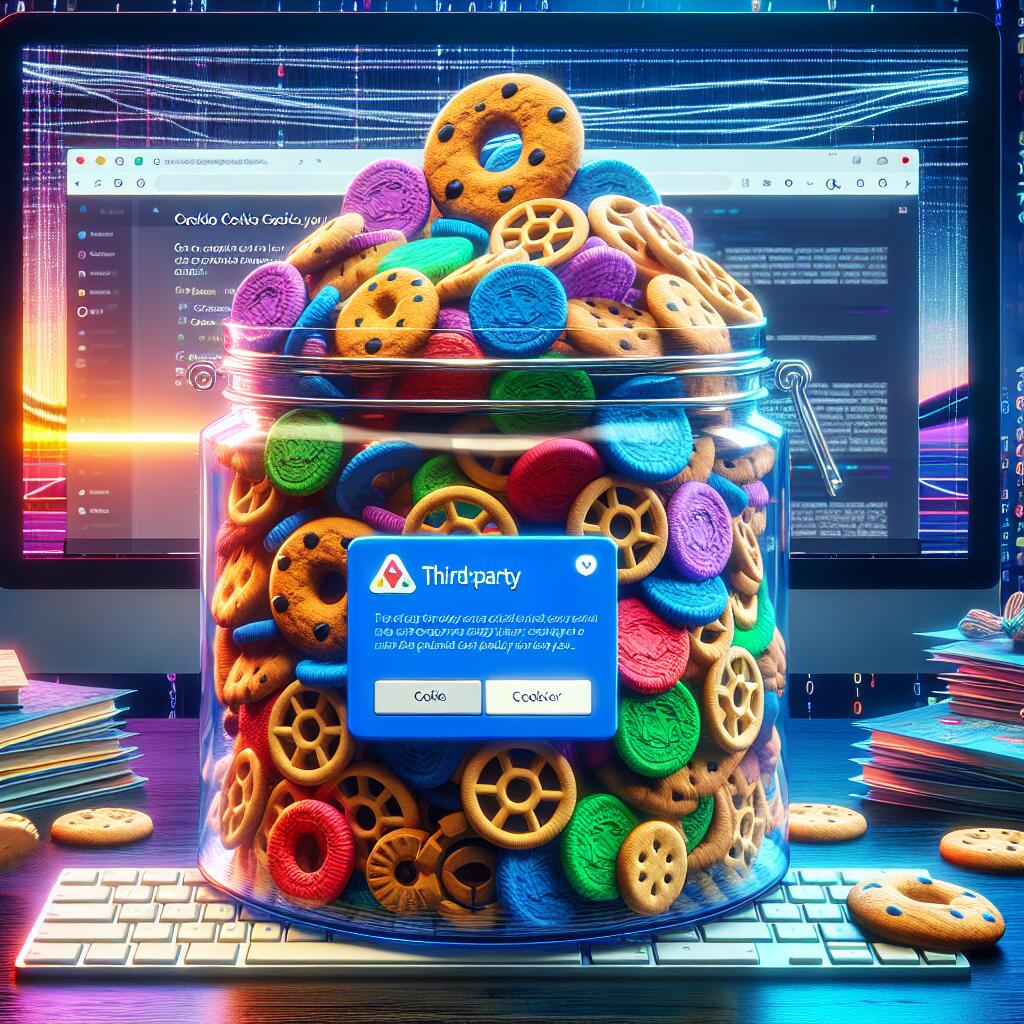  Illustration of a cookie jar representing third-party cookies on a computer keyboard, featuring Google Chrome's notification about cookie policies.