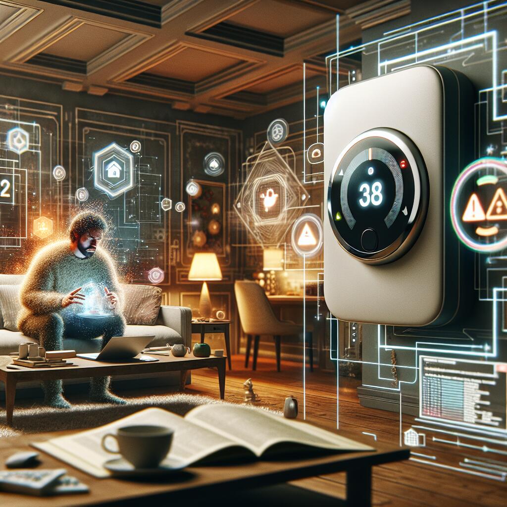 A modern living room with a new Nest thermostat, an old thermostat, and a person researching solutions on a laptop.