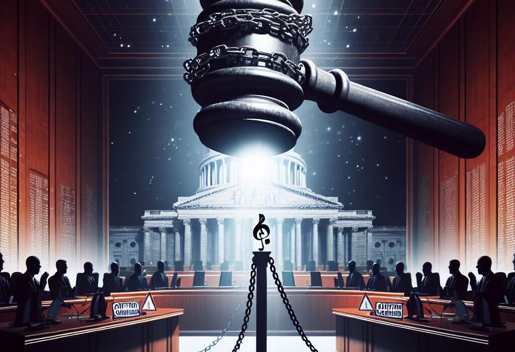 Illustration of Capitol building with looming gavel over chained Wikipedia logo, symbolizing the threat to freedom of information.