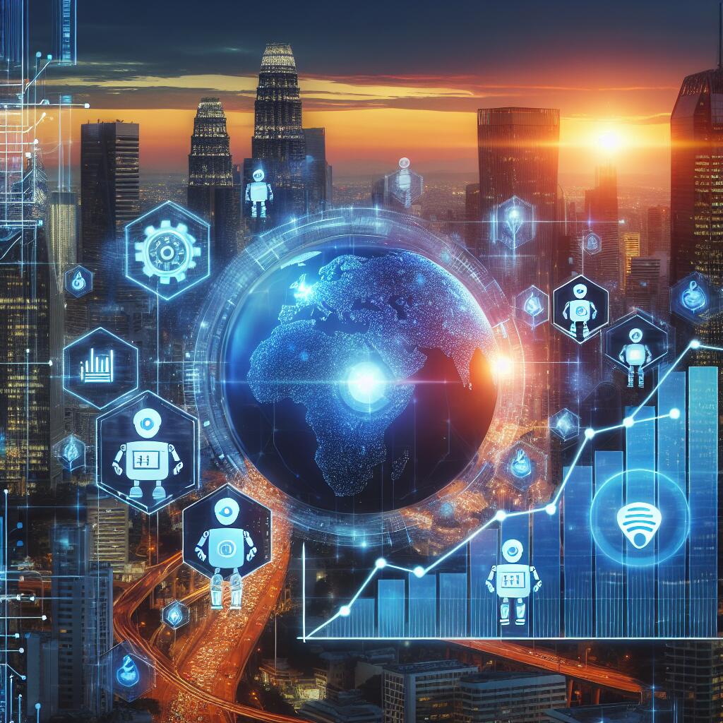 Illustration of a futuristic city with Google and AI signs, showcasing cost advantages and technological innovation
