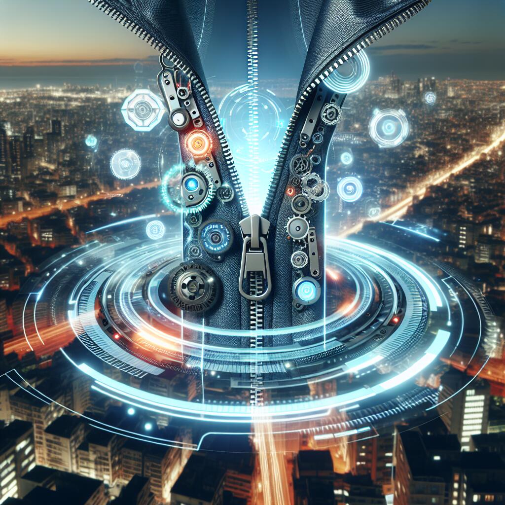 Illustration of a glowing self-propelled zipper integrated into a stylish jacket in a modern urban setting, representing YKK's innovative wearable tech.
