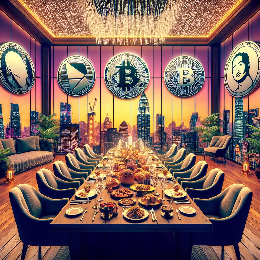 Illustration of an opulent private dinner table with cryptocurrency symbols, highlighting the exclusivity of Trump's private dinner for memecoin whales.