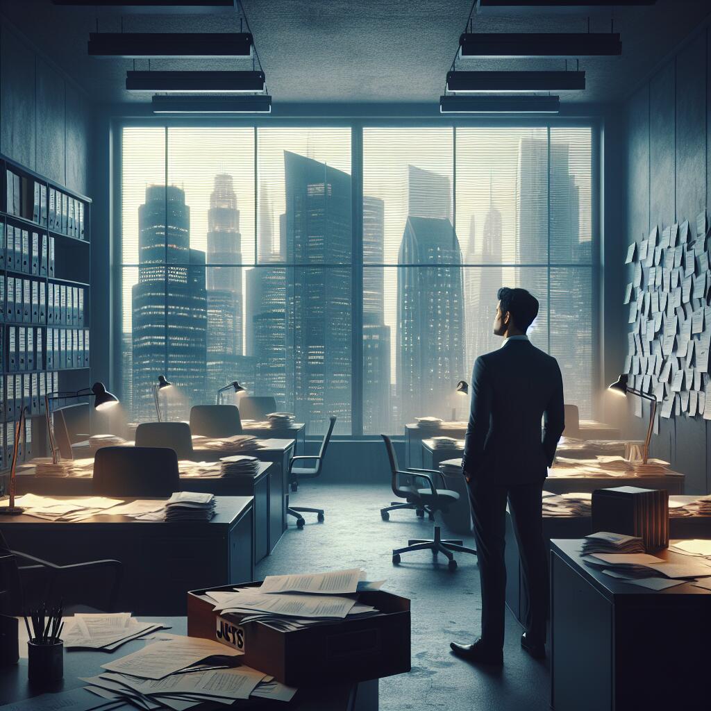 A concerned employee looking out of a window in an empty fintech office as job cuts loom over the industry.