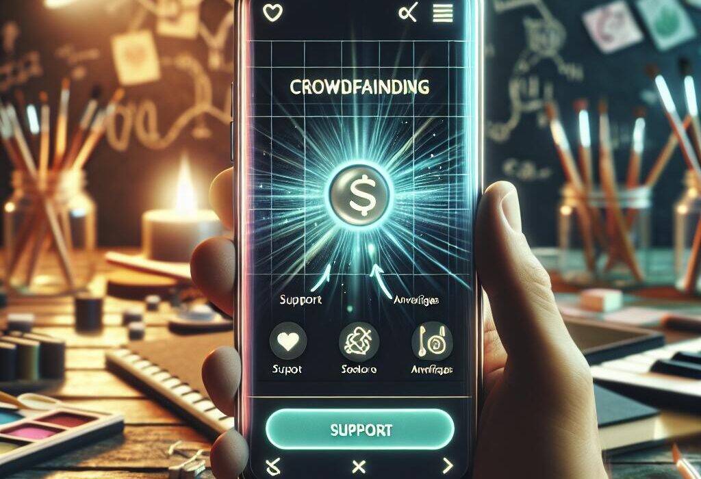 A creative studio with a smartphone showing the Patreon app interface focused on bypassing fees, featuring artistic tools in the background.