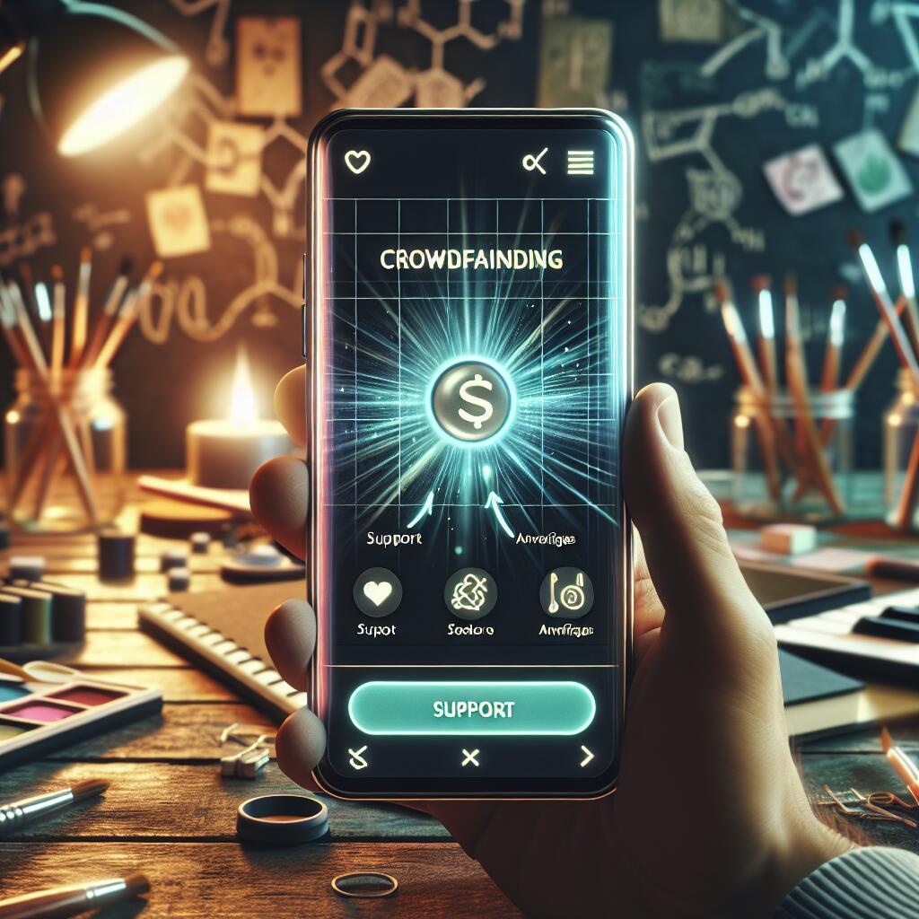 A creative studio with a smartphone showing the Patreon app interface focused on bypassing fees, featuring artistic tools in the background.