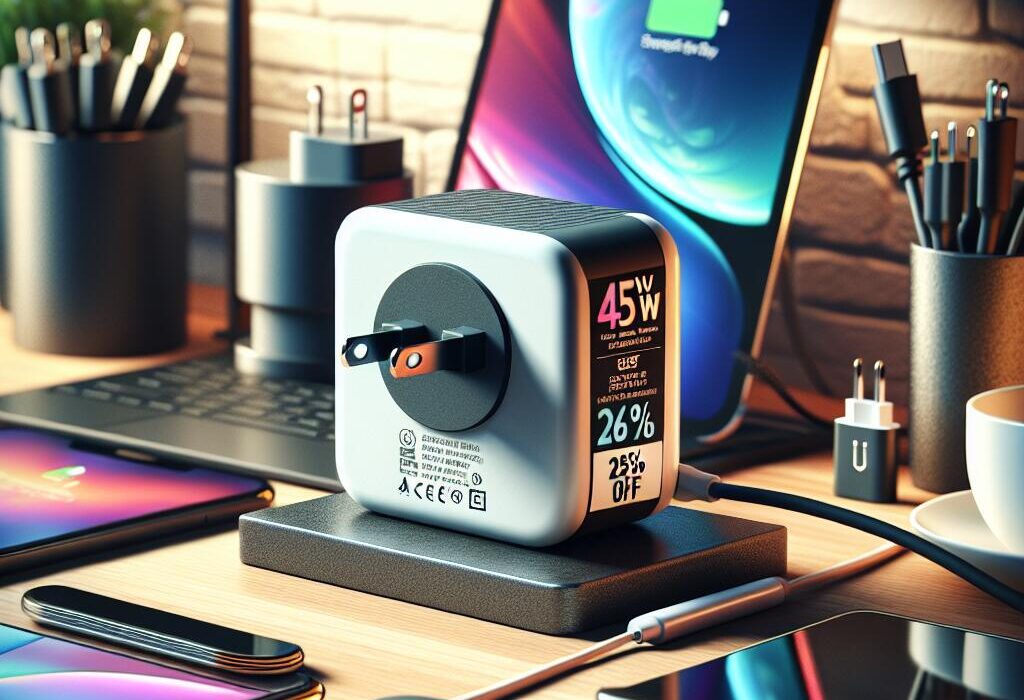 Anker 45W Charger on a wooden desk with gadgets and a '26% Off' discount tag