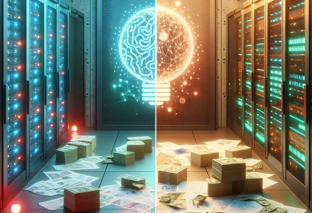 A split view of two modern AI server rooms representing Claude and GPT models, emphasizing hidden costs with financial documents and metrics.