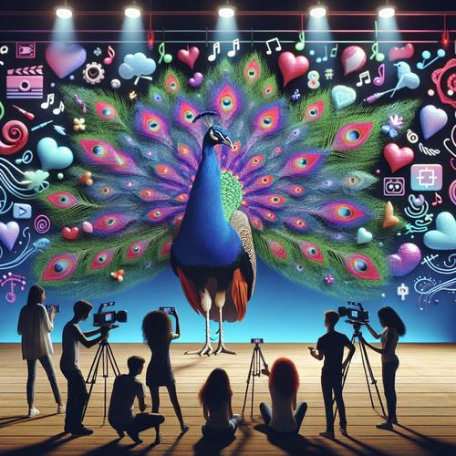 A peacock on stage with content creators filming TikTok videos, representing creativity and new series creators.