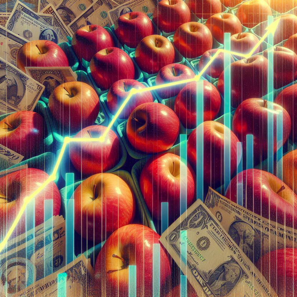 A close-up of red apples with a financial graph overlay showing an upward trend, representing Apple's increased tariff costs.