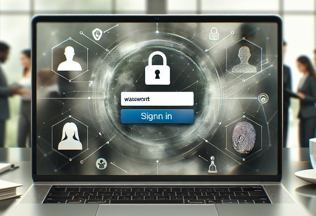 A laptop displaying Microsoft passwordless login interface, showcasing modern technology and security features in a collaborative office setting.