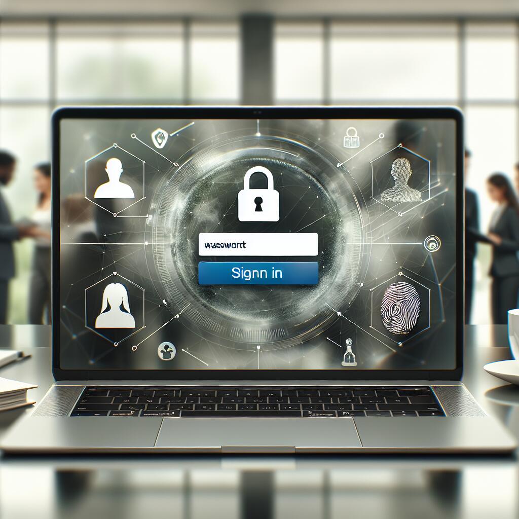 A laptop displaying Microsoft passwordless login interface, showcasing modern technology and security features in a collaborative office setting.