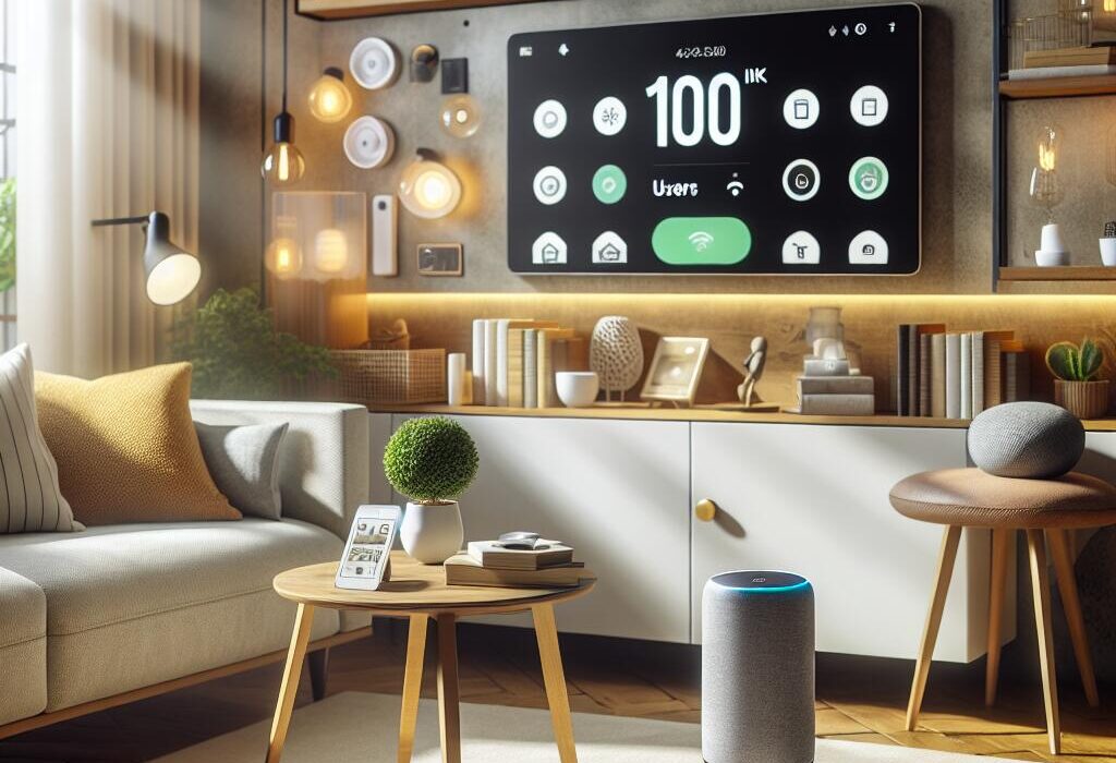 Modern living room featuring smart home devices and an Amazon Alexa+ speaker, symbolizing the milestone of 100K users.