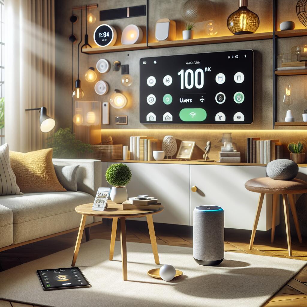 Modern living room featuring smart home devices and an Amazon Alexa+ speaker, symbolizing the milestone of 100K users.