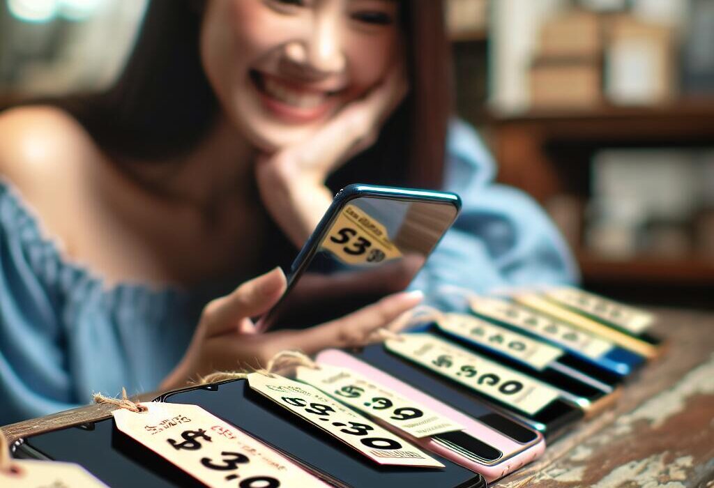 An array of budget smartphones with price tags on a wooden table, showcasing affordable options.