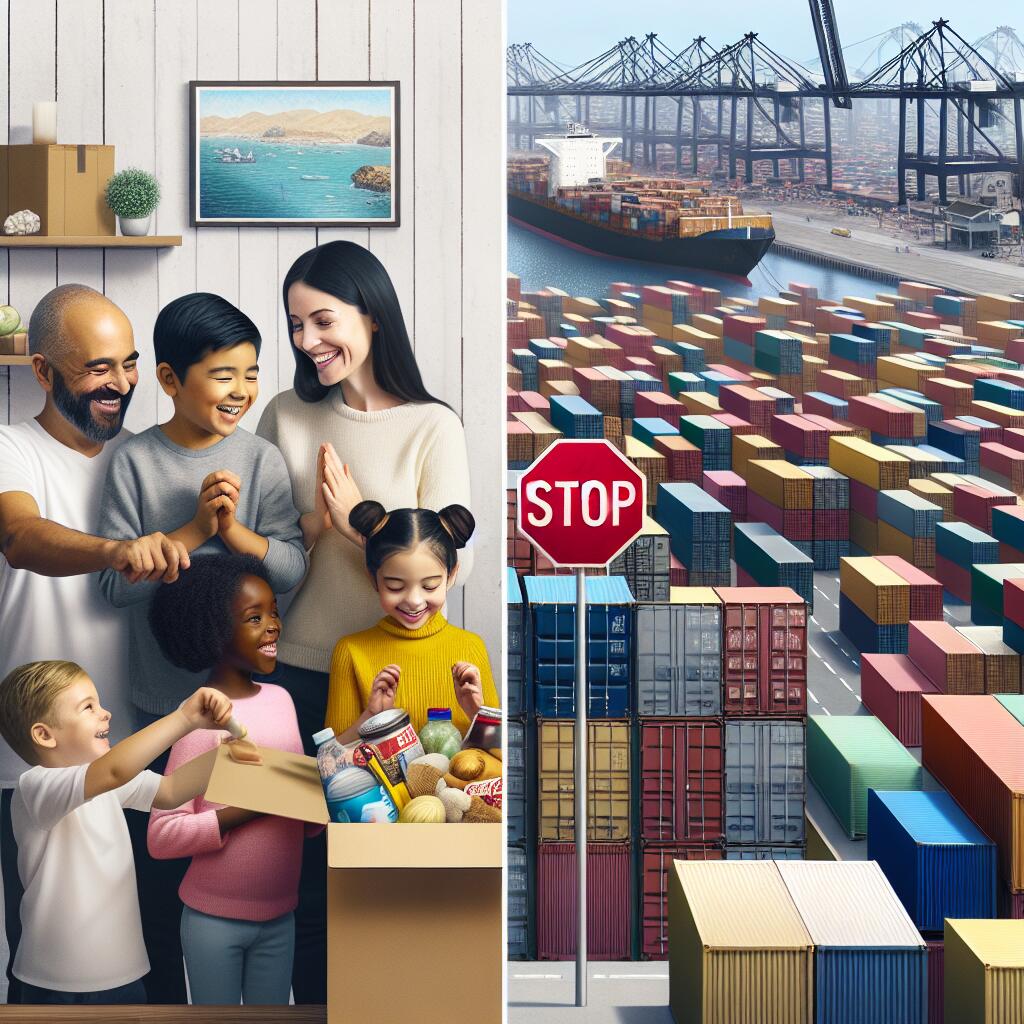 Image depicting contrasting scenes of American family happily receiving goods from China and a shipping container terminal in China with a 'STOP' sign illustrating Temu's new policy.