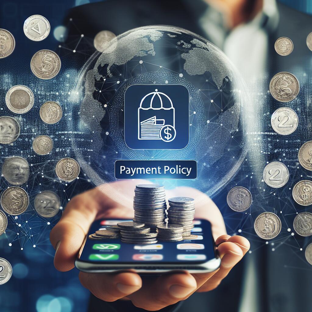 Close-up of smartphone showing Apple App Store payment policy with coins and dollar bills around