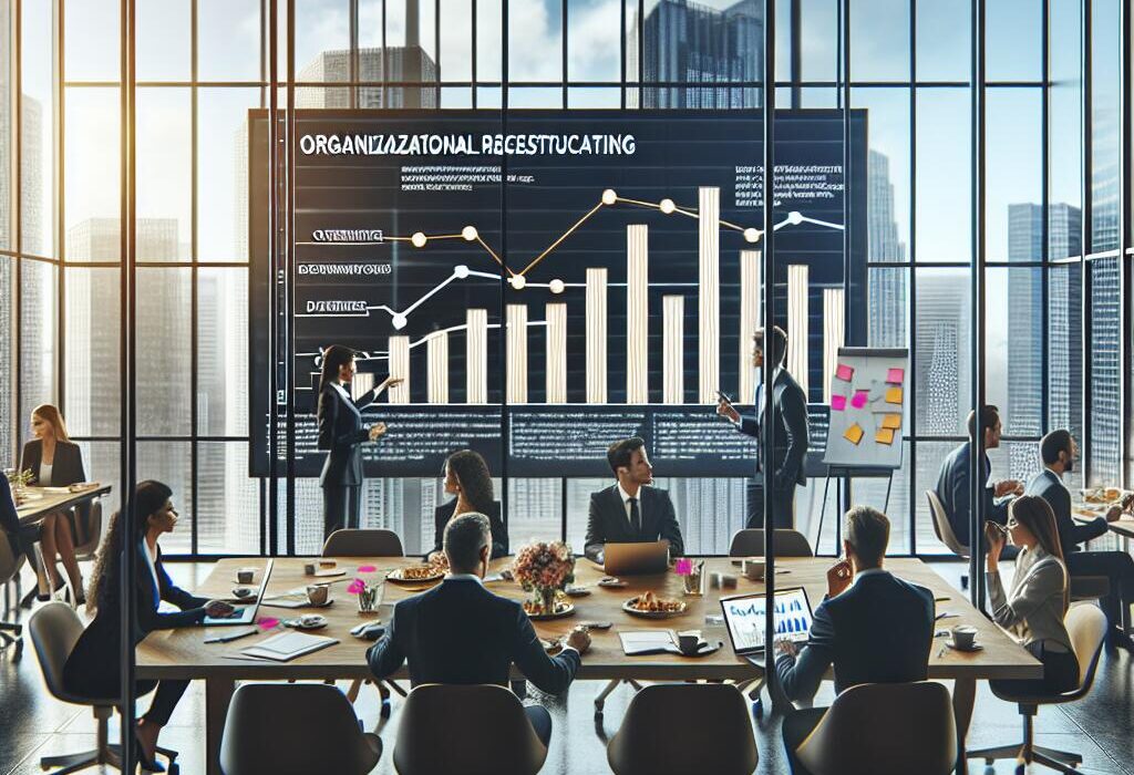 A corporate meeting room discussing OpenAI's restructuring with professionals engaged over charts and laptops.