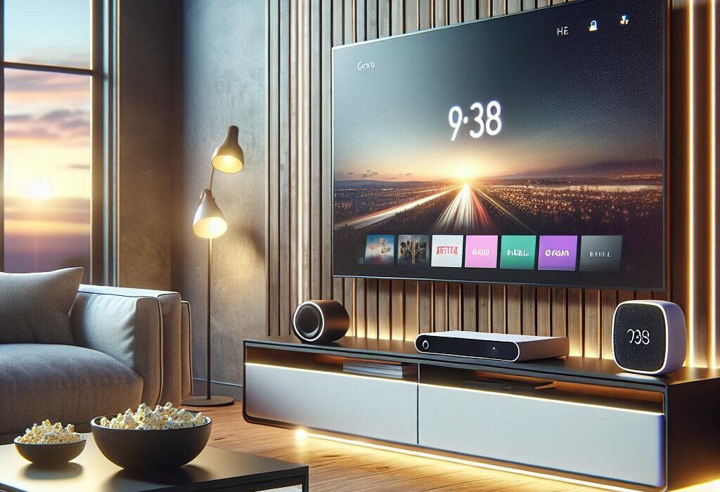 A modern living room showcasing the new Chromecast on a media console next to a smart TV, with a cozy atmosphere and streaming visuals.