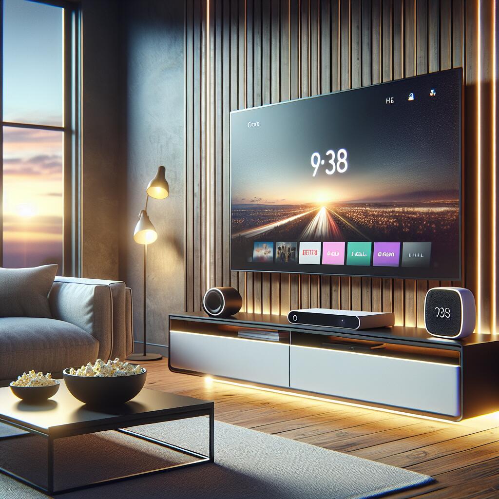 A modern living room showcasing the new Chromecast on a media console next to a smart TV, with a cozy atmosphere and streaming visuals.