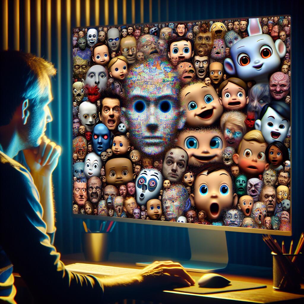 A concerned viewer in a dimly lit room watches a computer screen filled with unsettling AI-generated cartoon characters.