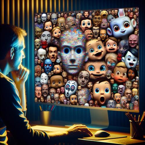 A concerned viewer in a dimly lit room watches a computer screen filled with unsettling AI-generated cartoon characters.