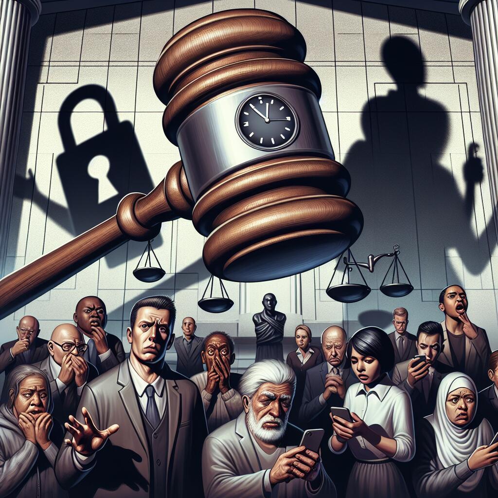 A gavel striking the TikTok logo in a courtroom setting, representing the $600M fine and issues of data privacy.