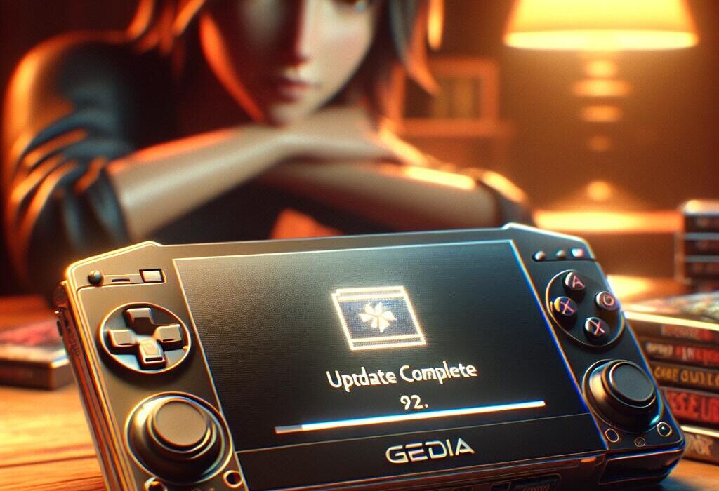 Close-up of a Nintendo Switch console displaying a successful update notification with a user expressing relief in a cozy gaming atmosphere.