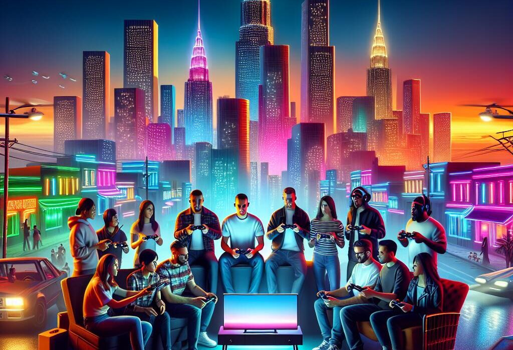 A vibrant urban gaming scene with diverse players, gaming console, and a city skyline, depicting excitement for GTA VI's arrival in May 2026.