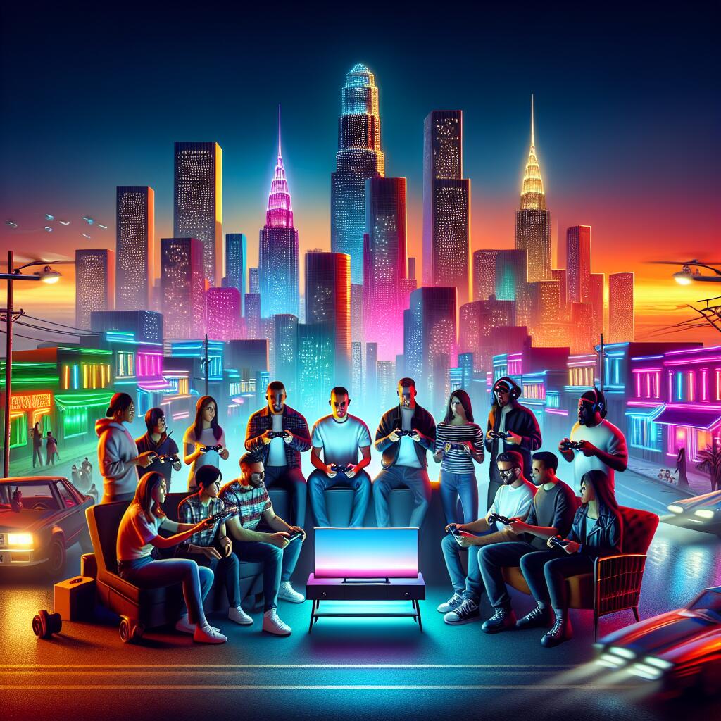 A vibrant urban gaming scene with diverse players, gaming console, and a city skyline, depicting excitement for GTA VI's arrival in May 2026.
