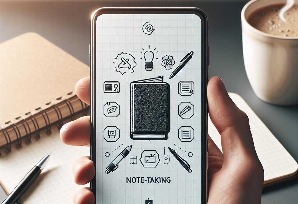 Person holding a mobile phone displaying the Google NotebookLM app in a cozy workspace with a notebook and coffee