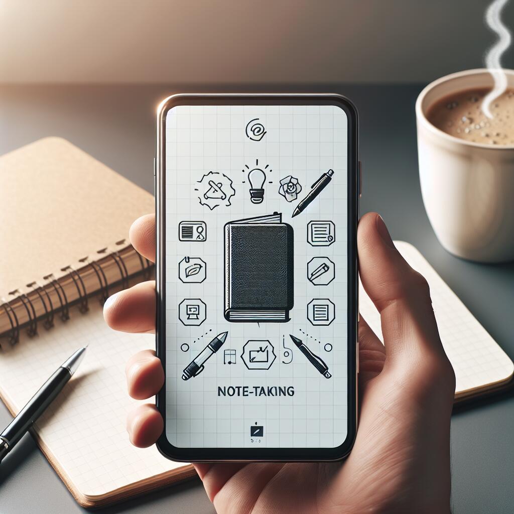 Person holding a mobile phone displaying the Google NotebookLM app in a cozy workspace with a notebook and coffee