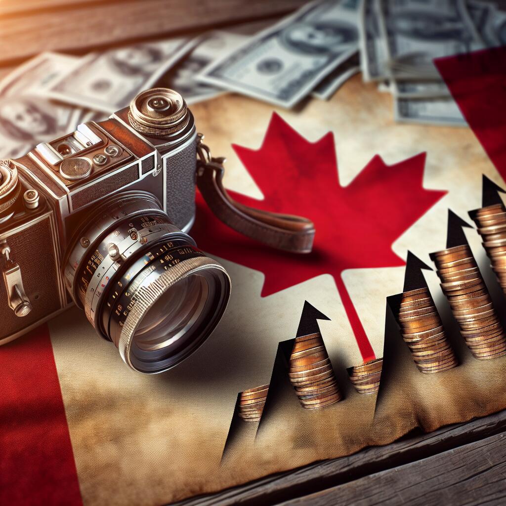 A Leica camera on a wooden table with a Canadian flag in the background and rising price tags, symbolizing tariffs affecting camera prices.