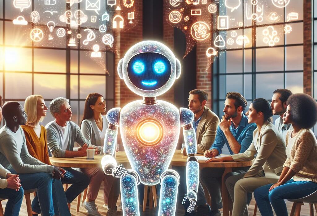 Diverse group of people interacting with a friendly robot in a bright, inclusive environment, symbolizing OpenAI's commitment to reducing bias in ChatGPT.