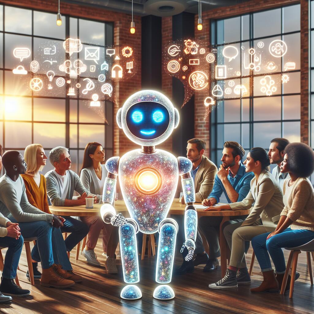 Diverse group of people interacting with a friendly robot in a bright, inclusive environment, symbolizing OpenAI's commitment to reducing bias in ChatGPT.