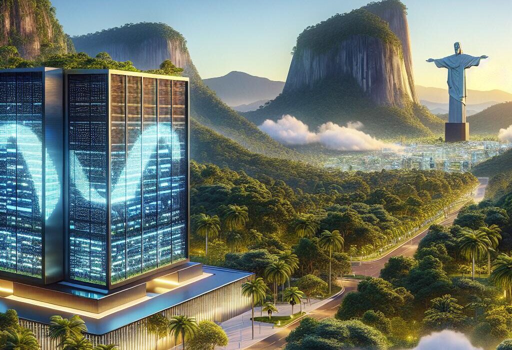 Futuristic Roblox data center in Brazil, featuring modern architecture and lush green surroundings, with Christ the Redeemer in the background.