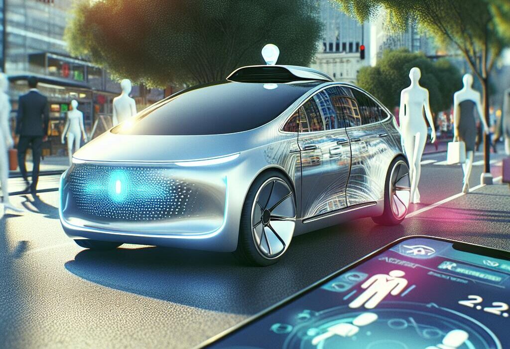 Autonomous vehicle collaborating with Uber app in a modern city setting, symbolizing the future of transportation.