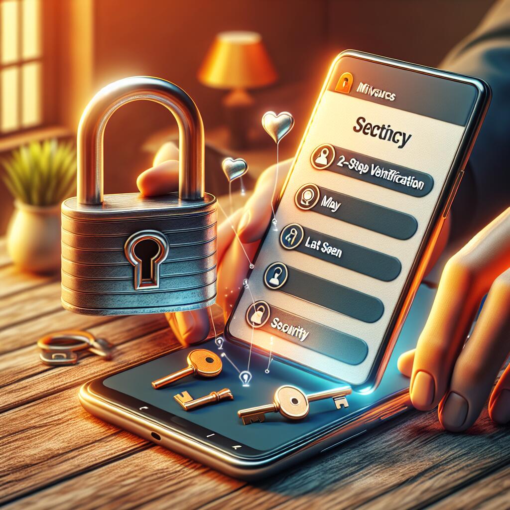 A smartphone showing WhatsApp privacy settings with a lock and key symbol beside it, representing security.