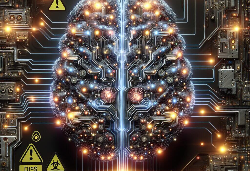 An illuminated digital AI brain surrounded by caution signs, representing safety challenges in Google's Gemini AI model.