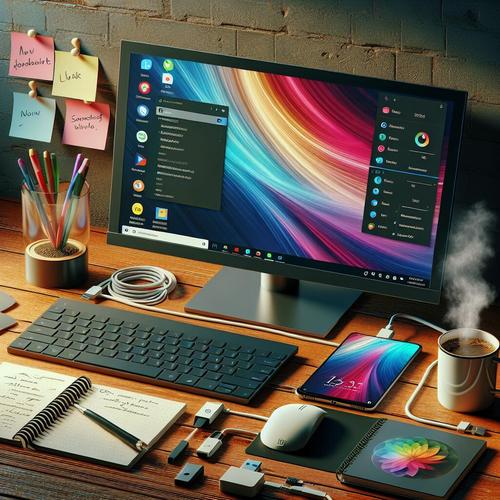 A phone connected to a monitor showcasing Android's new desktop feature, surrounded by a modern workspace setup.