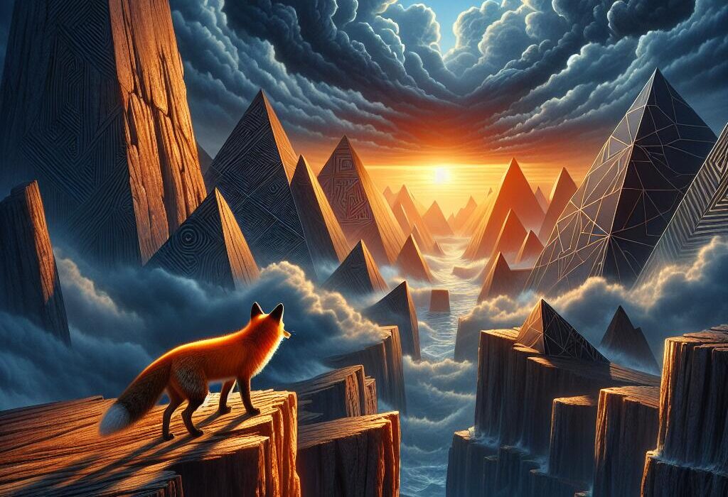 A Firefox fox on a cliff edge, juxtaposed against distant Google logos, symbolizing competition and survival.