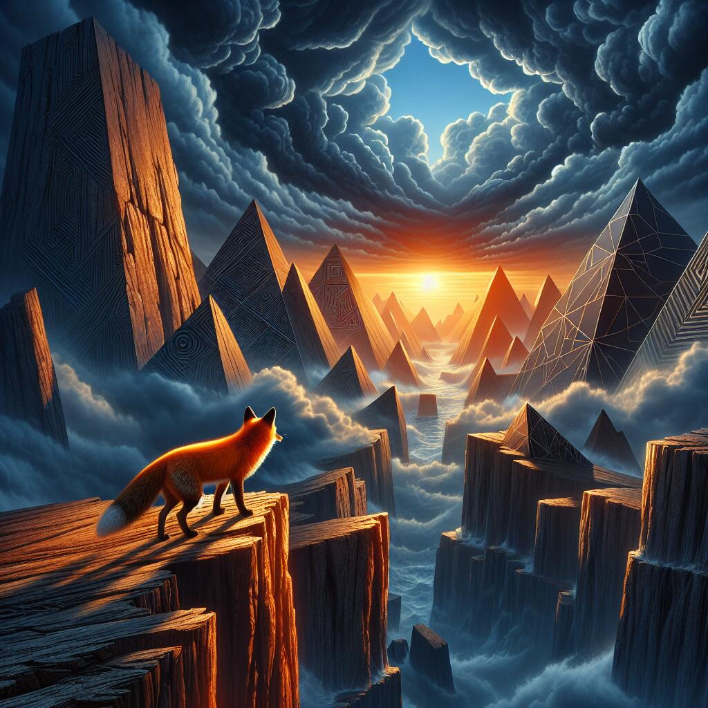 A Firefox fox on a cliff edge, juxtaposed against distant Google logos, symbolizing competition and survival.