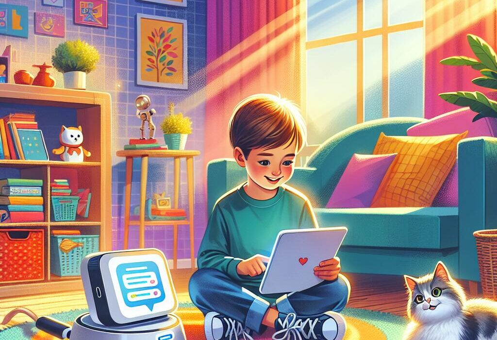 Child interacting with Google Gemini Chatbot on a tablet in a cozy living room