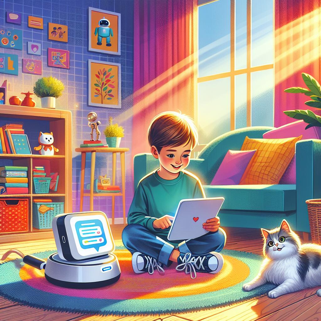 Child interacting with Google Gemini Chatbot on a tablet in a cozy living room