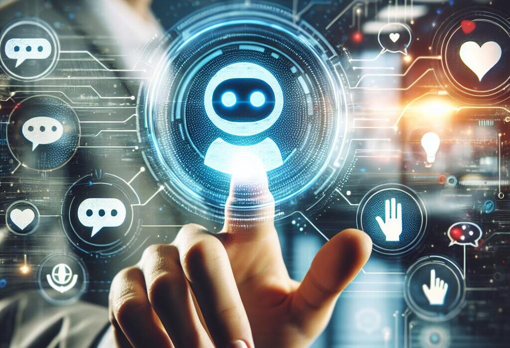 A human hand interacting with a glowing chatbot interface, symbolizing the debate over AI chatbots as engagement tools.