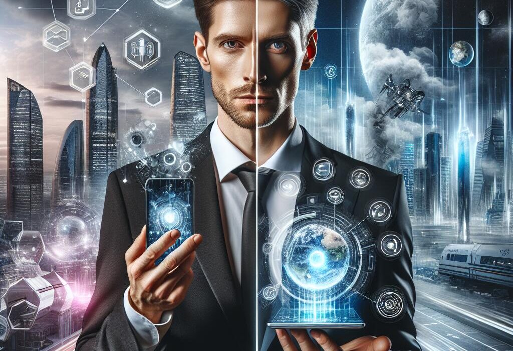 A visual representation of the rivalry between Sam Altman and Elon Musk in building the ultimate everything app, featuring futuristic city and technology.