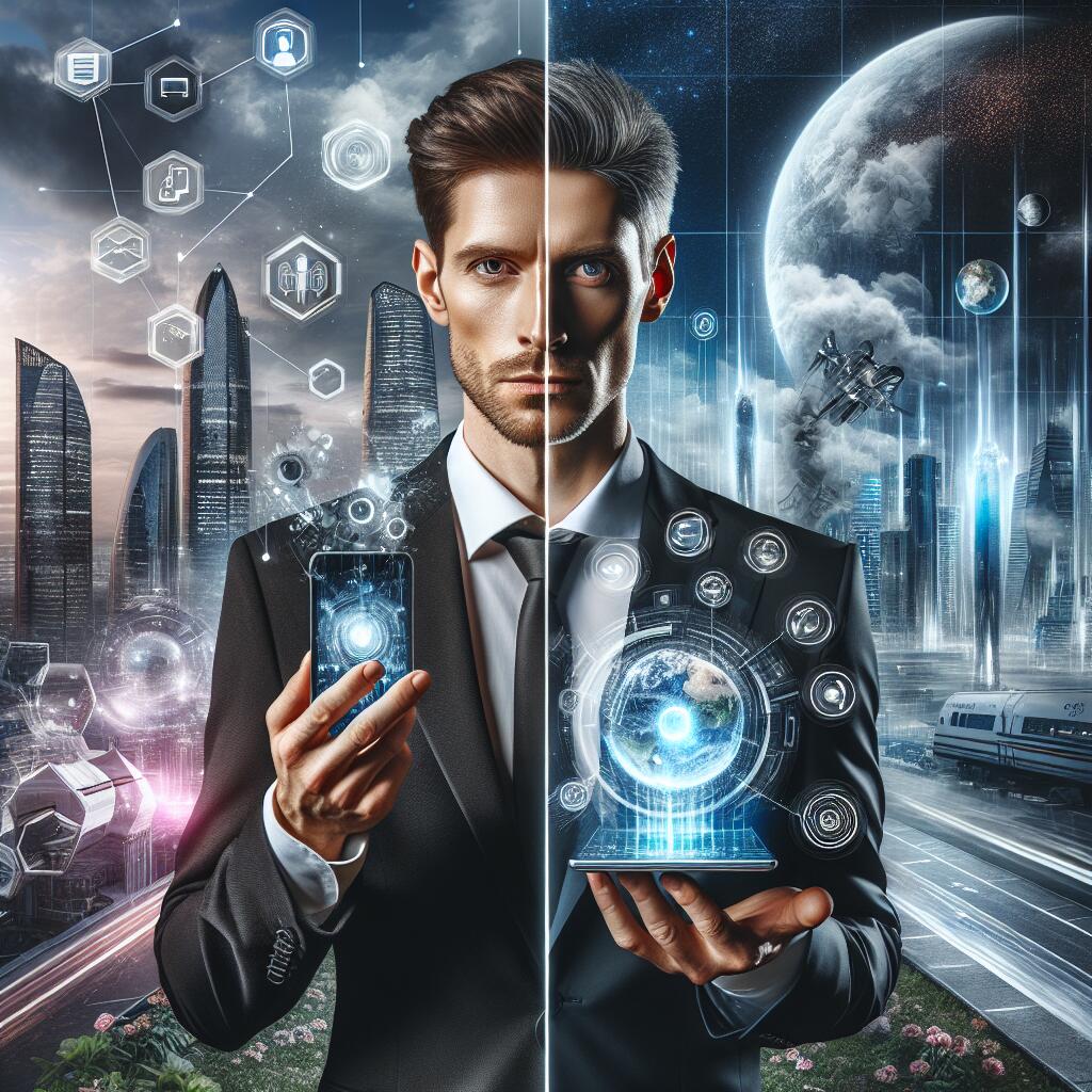 A visual representation of the rivalry between Sam Altman and Elon Musk in building the ultimate everything app, featuring futuristic city and technology.