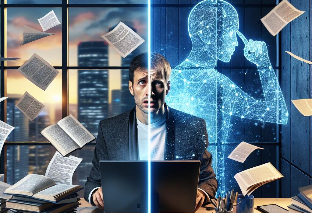A person transitioning from traditional problem-solving with papers to using AI software for clarity
